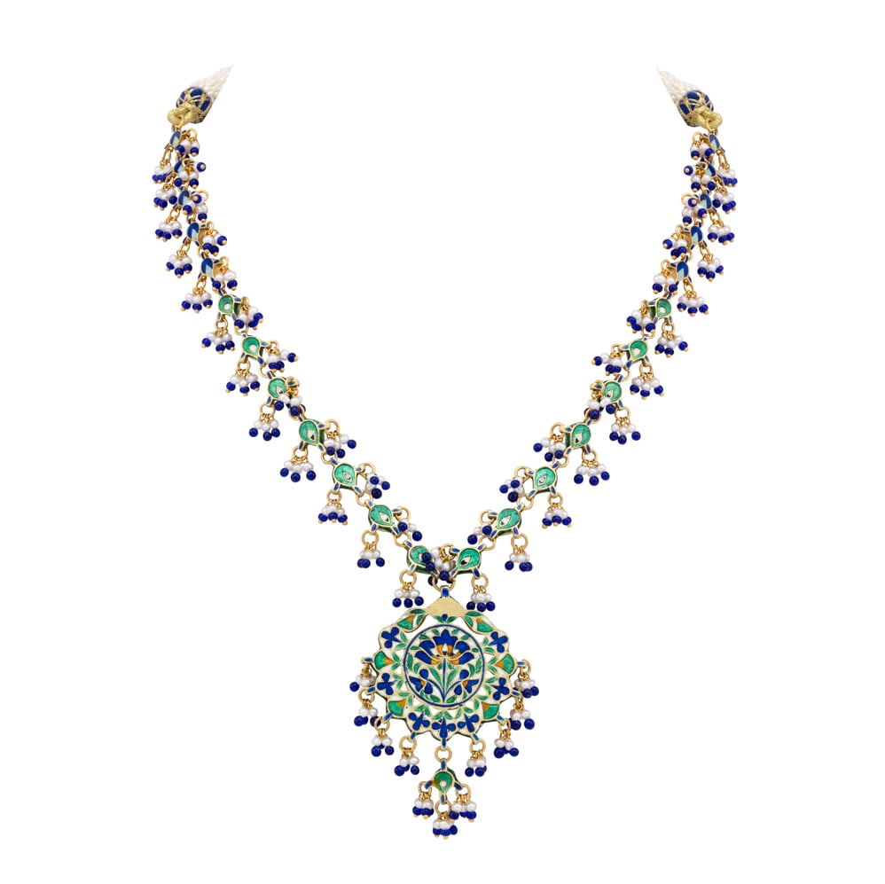 Blue Enamel Polki Necklace with Pearl and Bead Accents